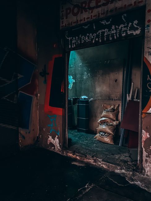 An interior view of a small, vacant storage or utility space with rough, unfinished concrete walls and floor. The room is illuminated by natural light coming from an open doorway, revealing a blue-ton